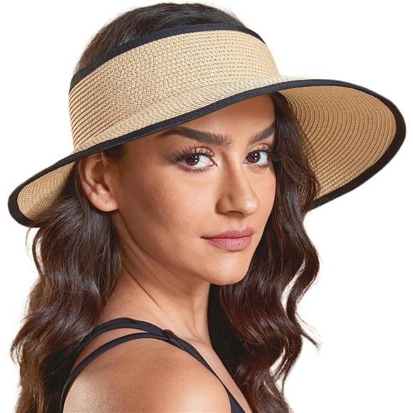 New Sun Visor Hats for Wome  Summer Ponytail Foldable Straw Beach Hat UPF 50+ - Picture 2 of 2